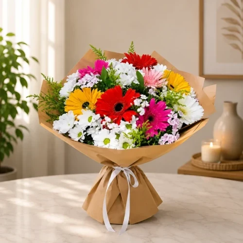 Bunter Strauß mit saisonalen Blumen